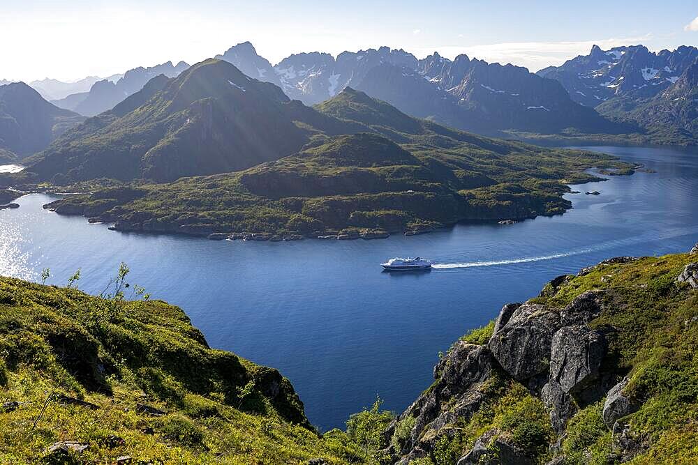 Hurtigruten cruise ship in the fjord, view of Fjord Raftsund and mountains, view from the top of Dronningsvarden or Stortinden, Vesteralen, Norway, Europe