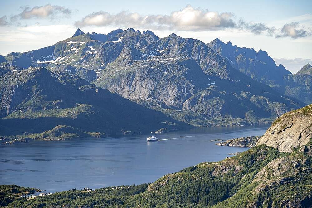 Hurtigruten cruise ship in the fjord, view of Fjord Raftsund and mountains, view from the top of Dronningsvarden or Stortinden, Vesteralen, Norway, Europe