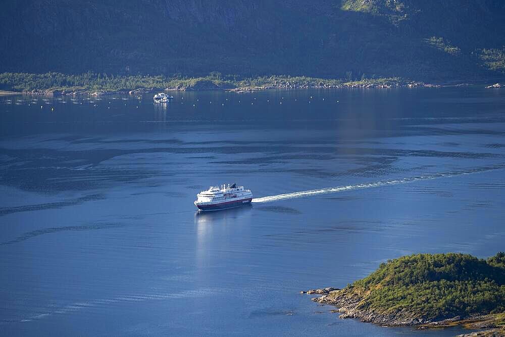 Hurtigruten cruise ship in the fjord, view of Fjord Raftsund, view from the top of Dronningsvarden or Stortinden, Vesteralen, Norway, Europe