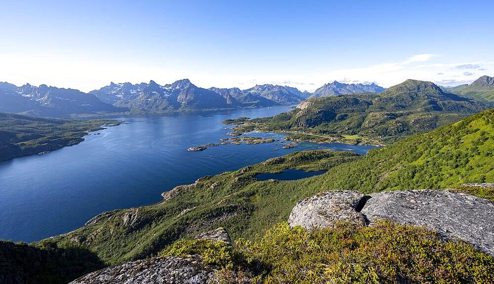 Fjord Raftsund and mountains, view from the top of Dronningsvarden or Stortinden, Vesteralen, Norway, Europe