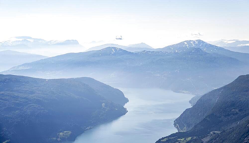 Climbing to the top of Skala, view of mountains and fjord Faleidfjorden, Loen, Norway, Europe