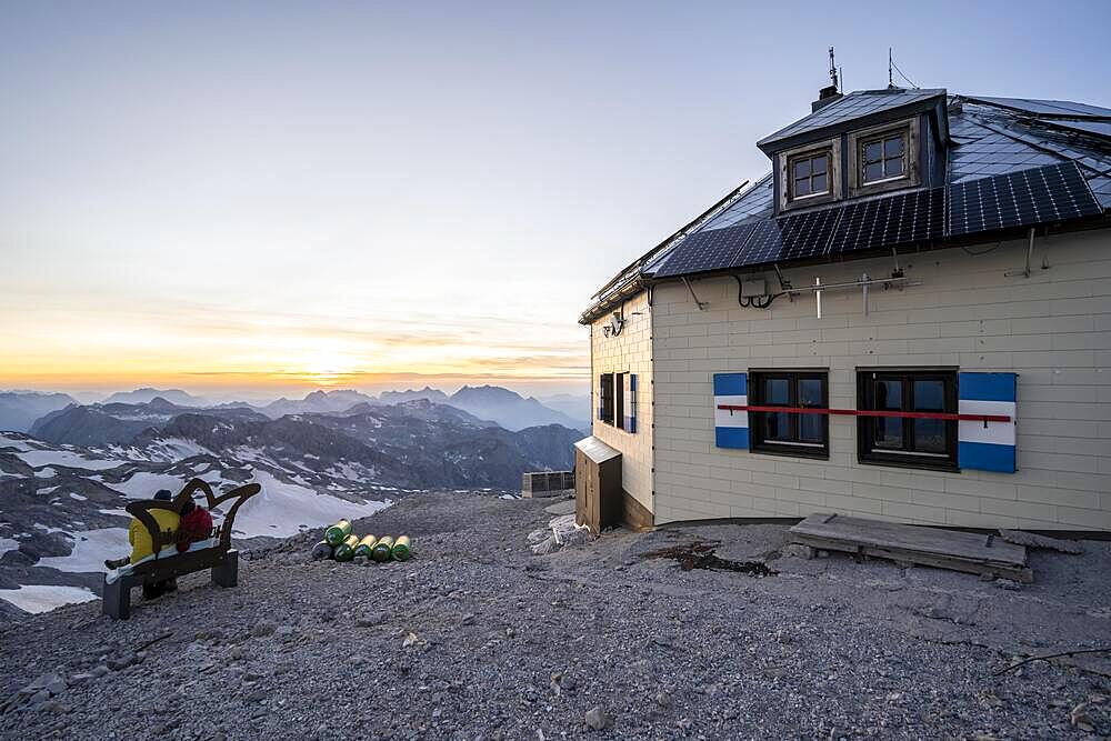 Matrashaus mountain hut at the summit of the Hochkoenig at sunset, Berchtesgaden Alps, Salzburger Land, Austria, Europe