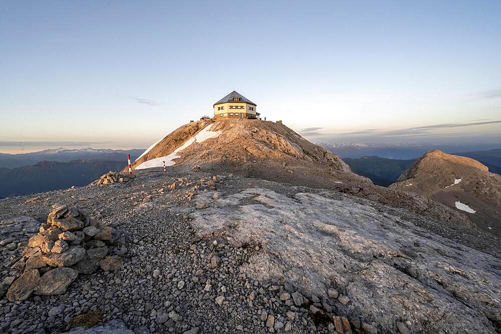 Matrashaus mountain hut at the Hochkoenig summit at sunrise, Berchtesgaden Alps, Salzburger Land, Austria, Europe