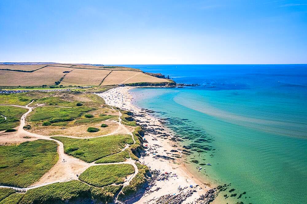 Aerial view of Bantham Beach and River Avon from a drone, South Hams, Devon, England, United Kingdom, Europe