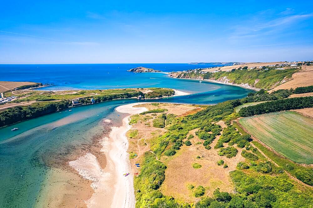 Aerial view of Bantham Beach and River Avon from a drone, South Hams, Devon, England, United Kingdom, Europe