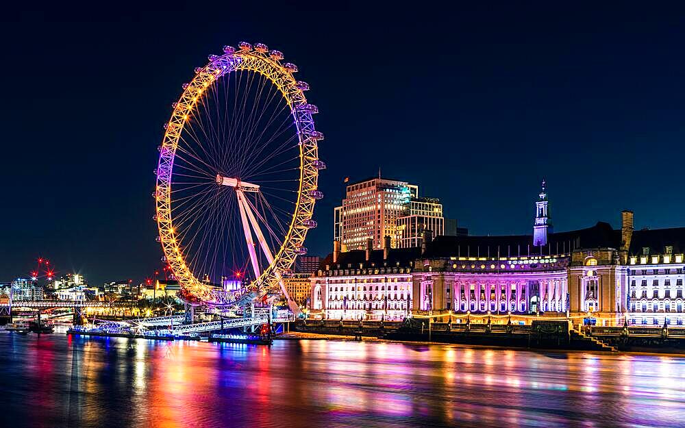 Night in London, London Eye over River Thames, London, England, United Kingdom, Europe