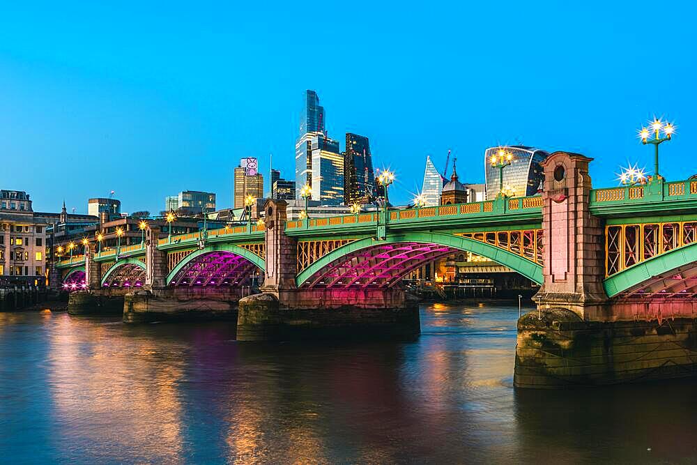 Southwark Bridge ane Skyscrapers over River Thames, London, England, United Kingdom, Europe
