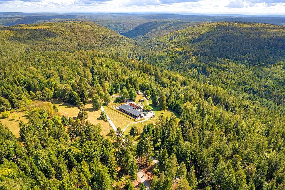 Aerial view of the Gruenhuette restaurant in the middle of the Endless Forest, Bad Wildbad, Black Forest, Germany, Europe