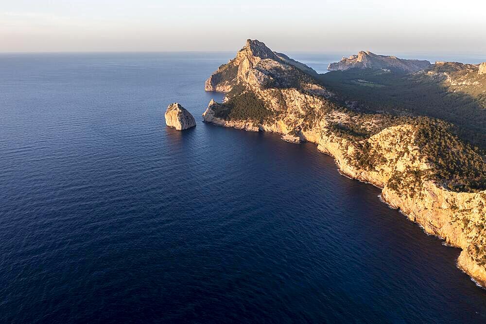 View of rocky cliffs and sea, Cap Formentor, coastal landscape, evening mood, Pollenca, Majorca, Balearic Islands, Spain, Europe