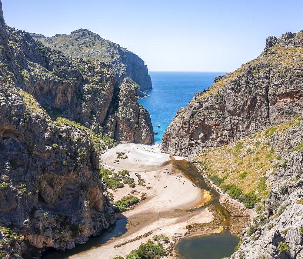 Aerial view, gorge with river Torrent de Pareis, Sa Calobra, Majorca, Balearic Islands, Spain, Europe