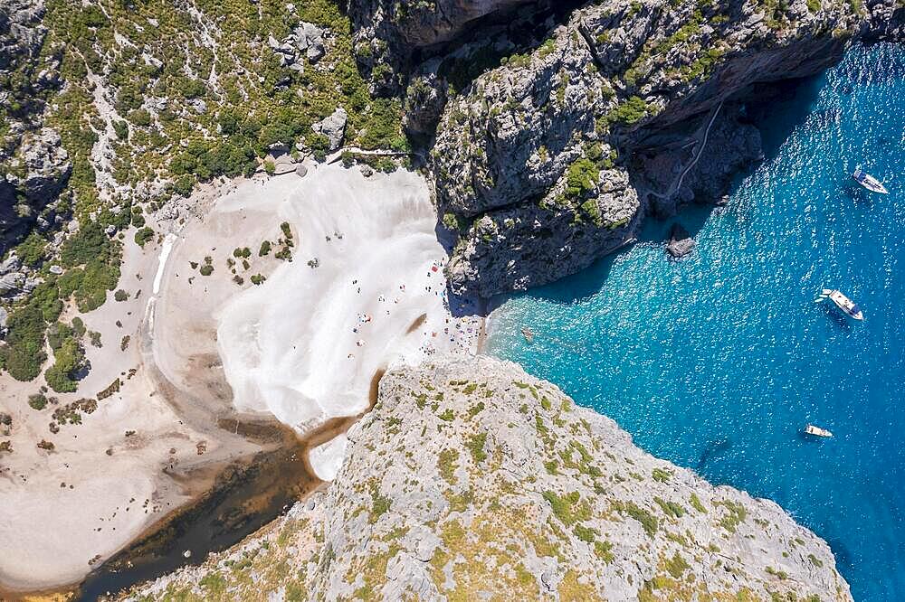 Aerial view, beach and rocks, Sa Calobra, Majorca, Balearic Islands, Spain, Europe