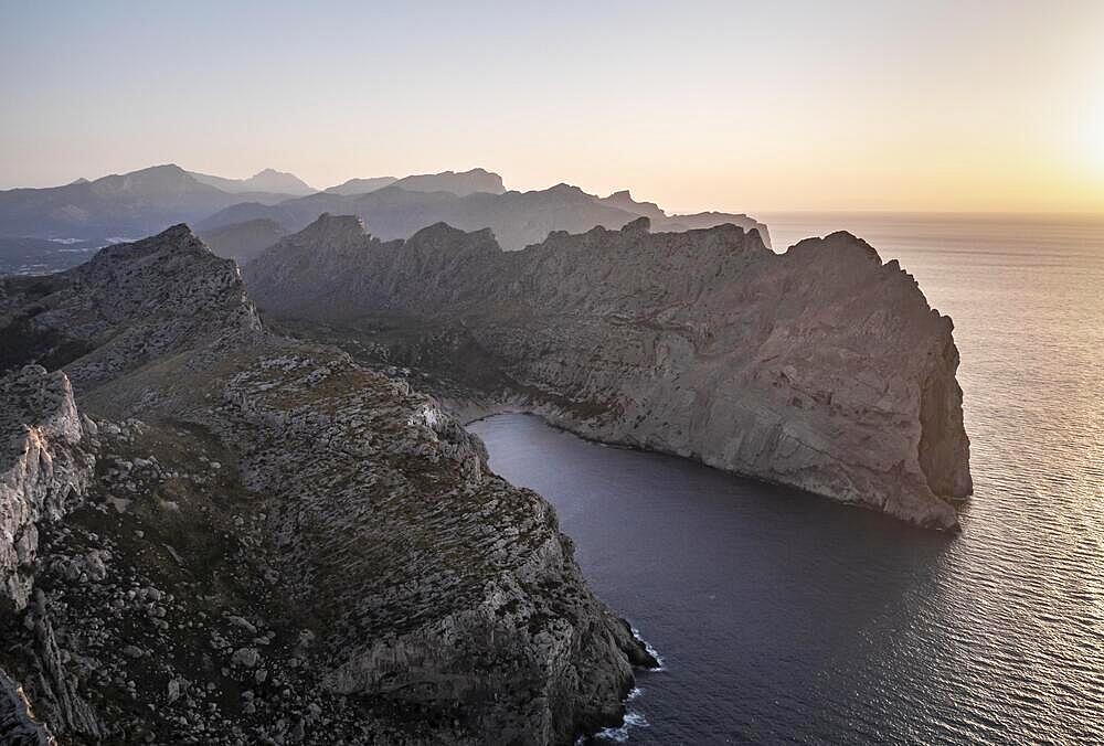 Aerial view, Alta d'en Vaquer, Rocky cliffs and sea, Cap Formentor, Coastal landscape, Evening atmosphere, Pollenca, Majorca, Balearic Islands, Spain, Europe