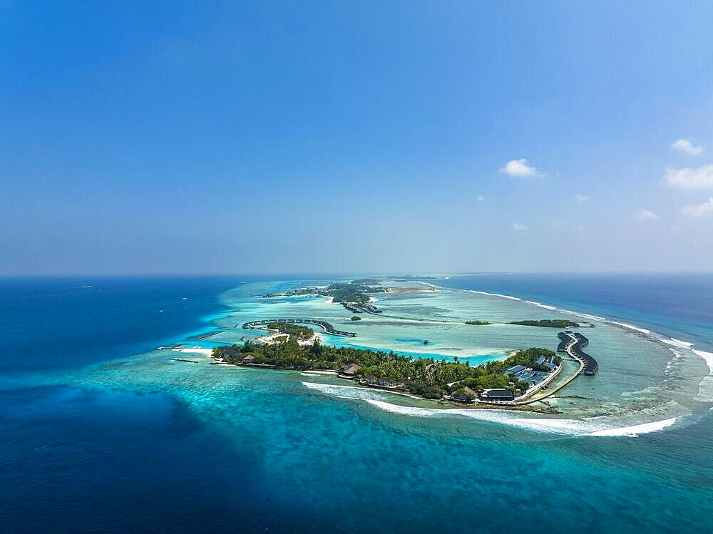 Aerial view, Kanuhuraa, Cinnamon Dhonveli Maldives, with beaches and water bungalows, North Male Atoll, Indian Ocean, Maldives, Asia