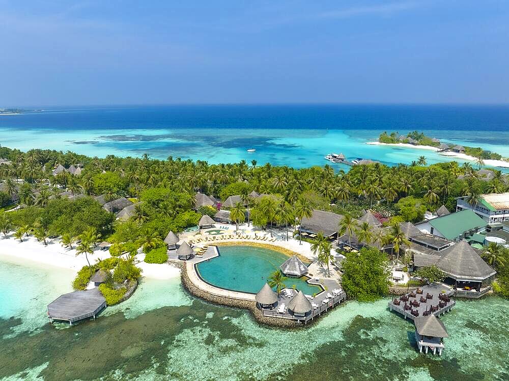 Aerial view, Asia, Maldives, North Male Atoll, Kuda Huraa, Four Season Maldives, with beaches and water bungalows, Asia