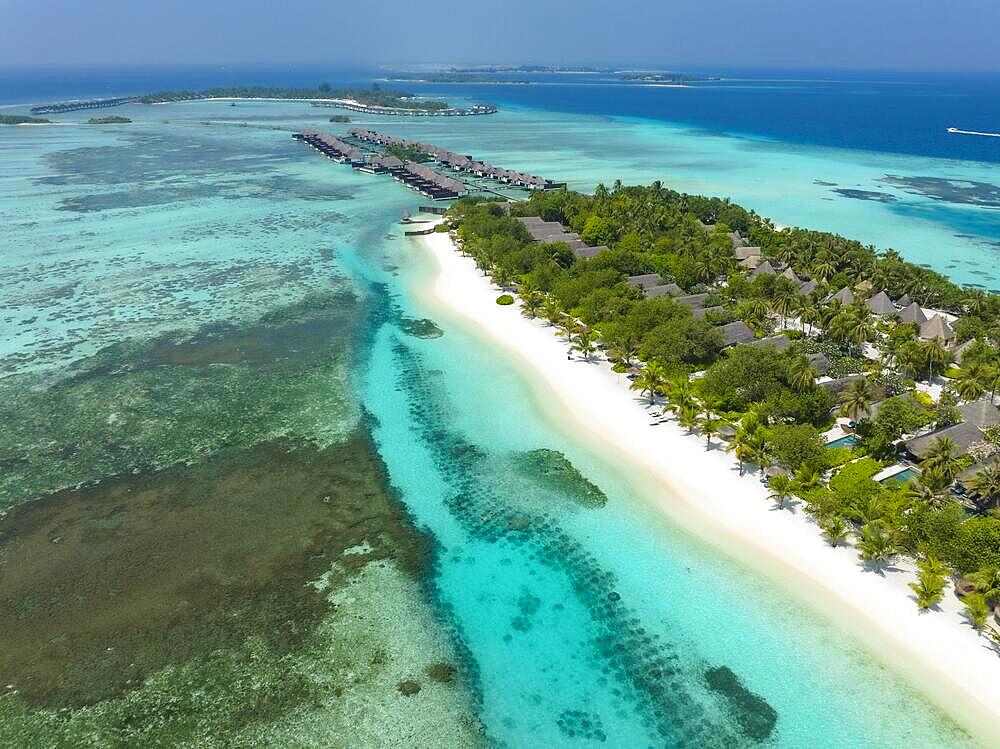 Aerial view, Asia, Maldives, North Male Atoll, Kuda Huraa, Four Season Maldives, with beaches and water bungalows, Asia