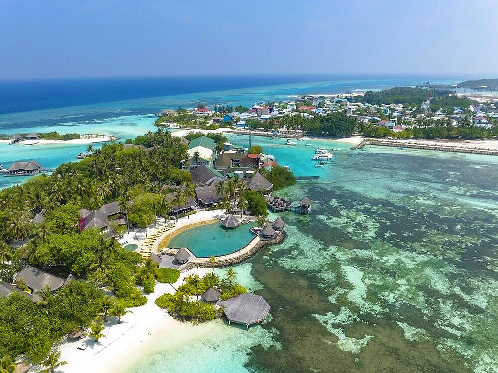 Aerial view, Asia, Maldives, North Male Atoll, Kuda Huraa, Four Season Maldives, with beaches and water bungalows, Asia