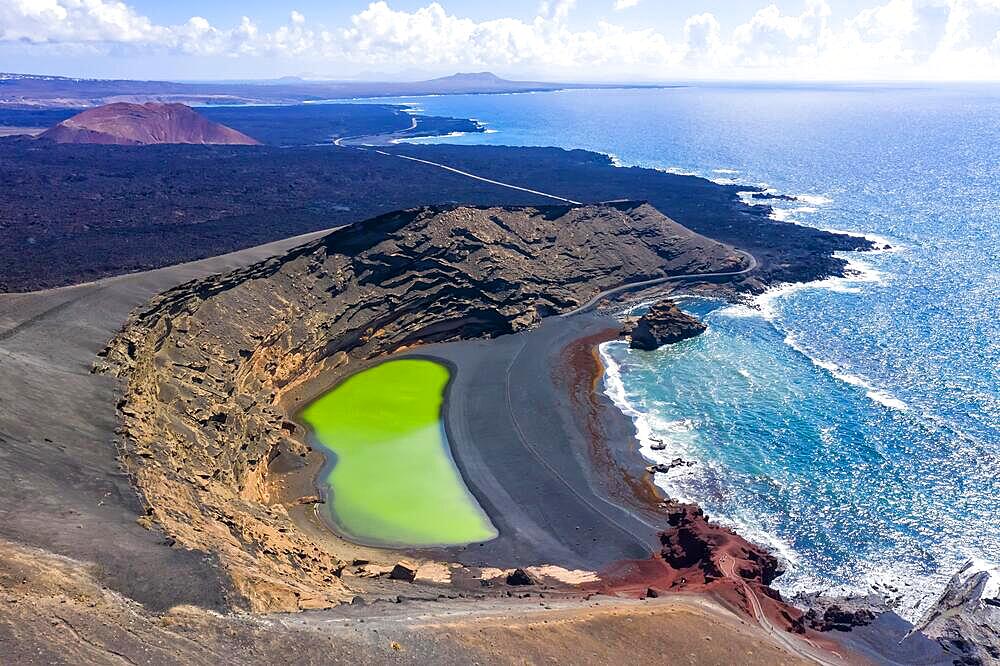 Green lake Charco de Los Clicos Verde near El Golfo in the Canary Islands Aerial view on the island of Lanzarote, Spain, Europe