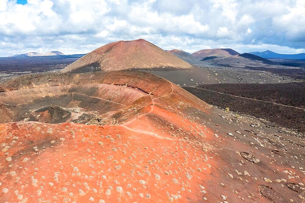 Volcanoes in Timanfaya National Park in the Canary Islands Aerial view on the island of Lanzarote, Spain, Europe