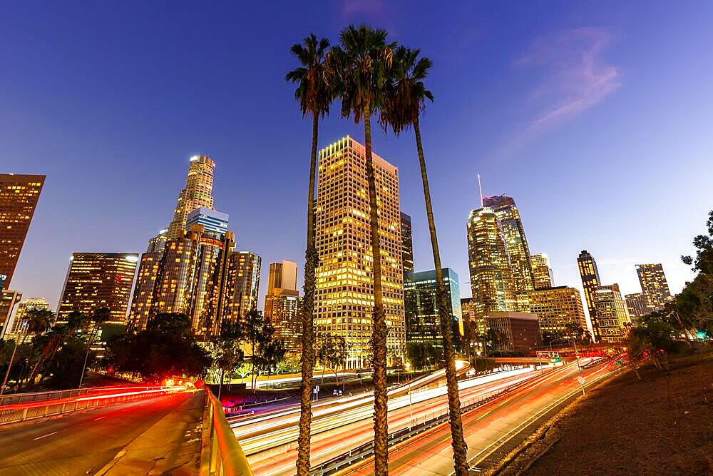 Downtown Los Angeles skyline with skyscrapers in the evening in Los Angeles, USA, North America