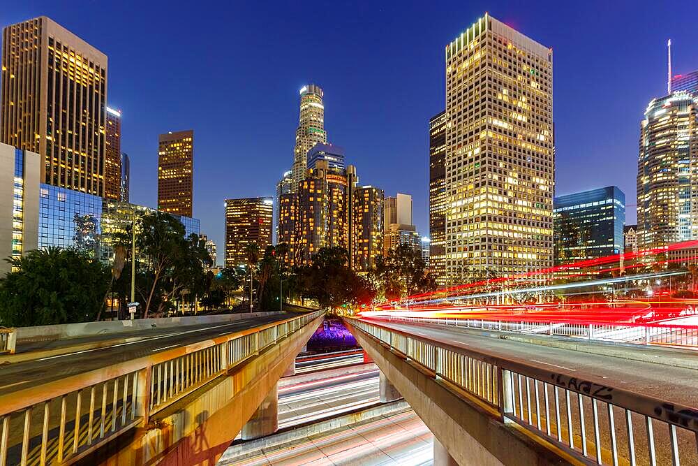 Downtown Los Angeles skyline with skyscrapers in the evening in Los Angeles, USA, North America