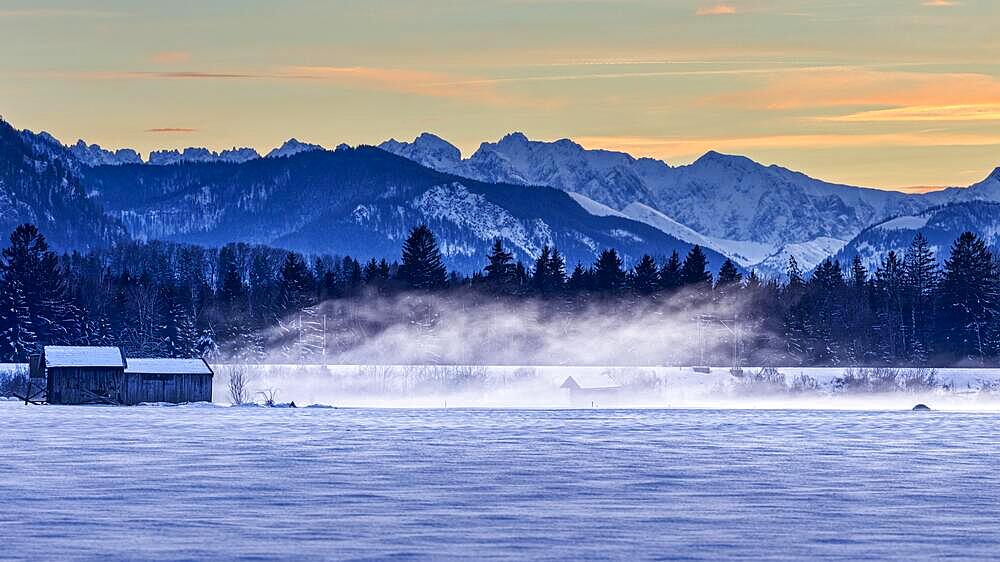 Driving snow, wind, fogSossau, Bavaria, Germany, Europe