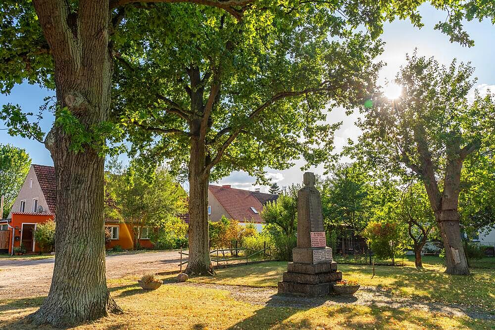 Village square with war memorial for the fallen of the world wars, Ringenwalde, Temmen-Ringenwalde, Uckermark, Brandenburg, Germany, Europe