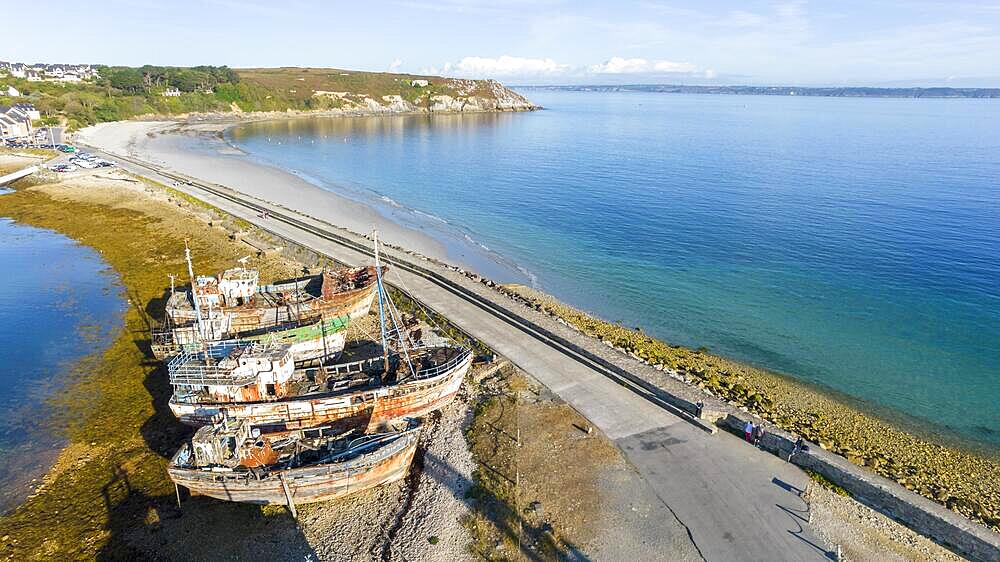 Shipwrecks in Camaret sur Mer harbour in Crozon peninsula, Brittany, France, Europe