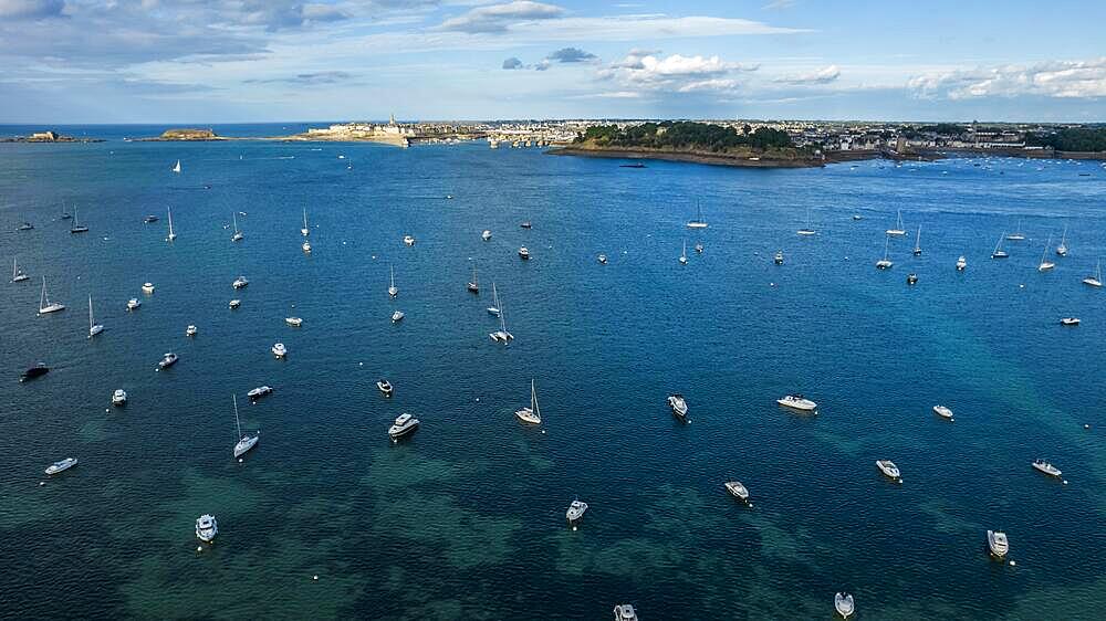 France, Ille et Vilaine, Cote d'Emeraude (Emerald Coast), Saint Malo, the walled city, Tower of Bidouanne (aerial view), Europe