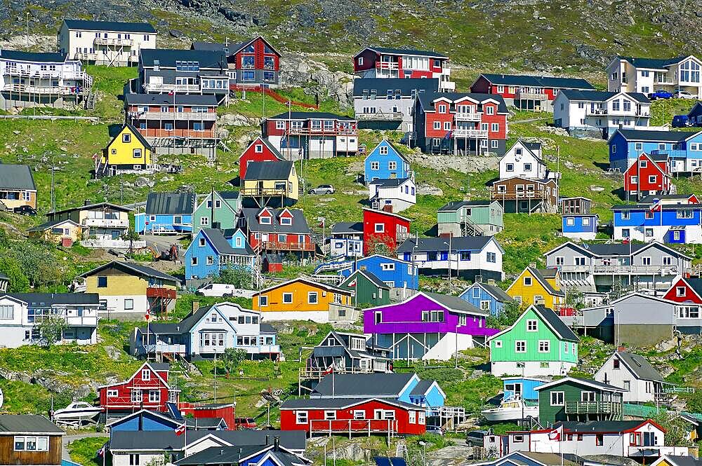 Houses in different colours on a mountainside, Qaqortoq, Kujalleq Municipality, Greenland, Denmark, North America