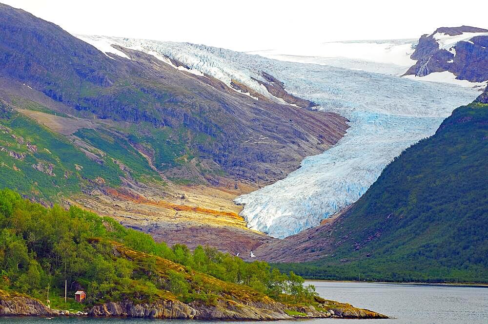 Svartisen glacier tongue and fjord, climate change, FV 17, Kystriksveien, Nordland, Norway, Europe