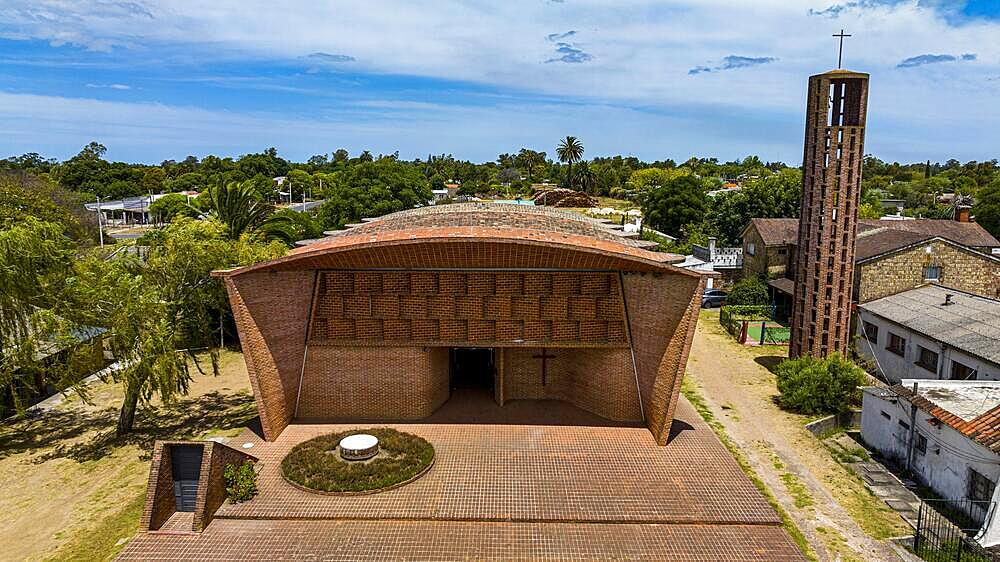 Aerial of the Unesco world heritage site, the work of engineer Eladio Dieste: Church of Atlantida, Uruguay, South America