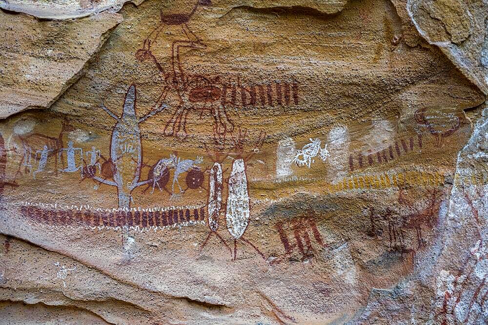 Rock art painting at Pedra Furada, Unesco site Serra da Capivara National Park, Piaui, Brazil, South America