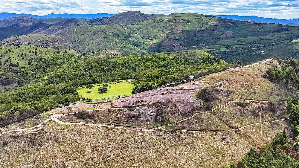 Aerial of the Unesco site El Fuerte de Samaipata, Pre-Columbian archaeological site, Santa Cruz department, Bolivia, South America