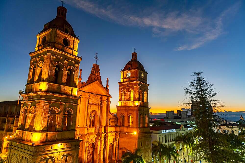 Cathedral Basilica of St. Lawrence at nighttime, Santa Cruz de la Sierra, Bolivia, South America