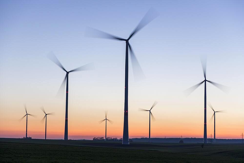 Wind farm, wind turbine, wind turbines, dusk, Swabian Alb, Baden-Wuerttemberg, Germany, Europe