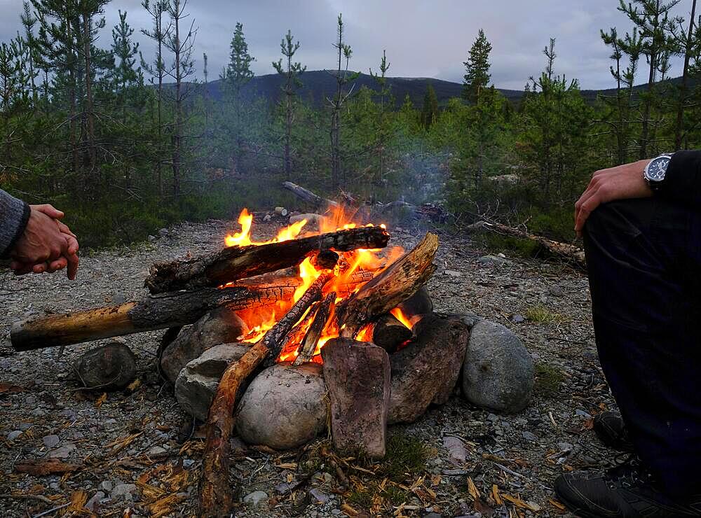 Campfire on a bright night around Midsummer, Haerjedalen, Sweden, Europe