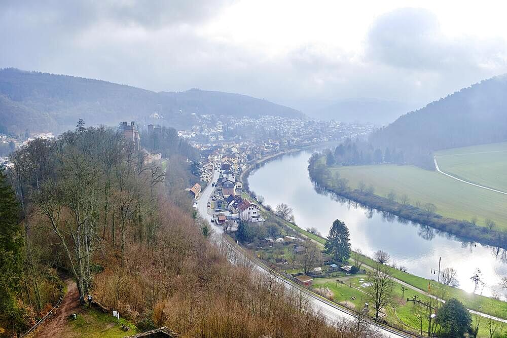 View over the Neckar valley and the four-castle town of Neckarsteinach, Hesse, Germany, Europe