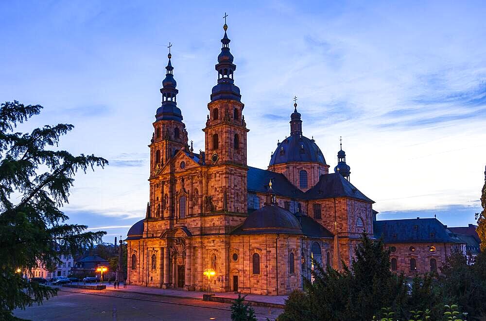 The landmark of the city of Fulda at sunset, the St. Salvator Cathedral, Fulda, Hesse, Germany, Europe