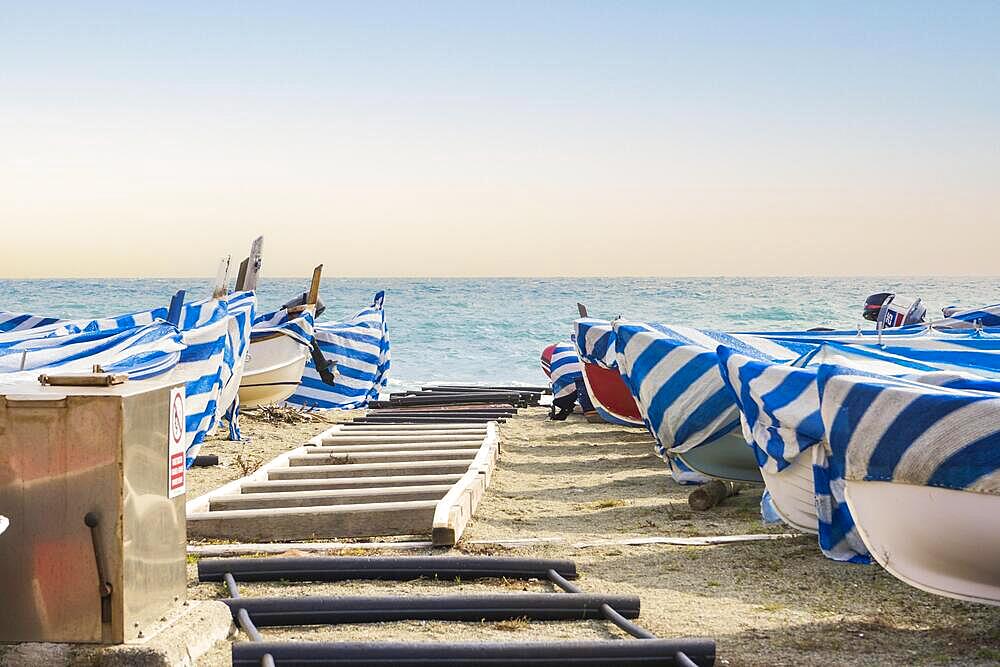 Boats in the beach at Monterosso al Mare located in Cinque Terre, Liguria, Italy, Europe