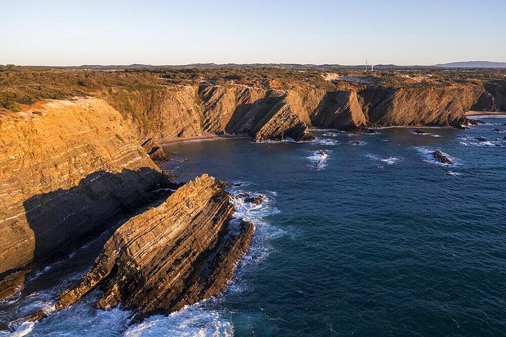 Sunset on the cliffs of the Algarve, aerial view, Lagos, Algarve, Portugal, Europe