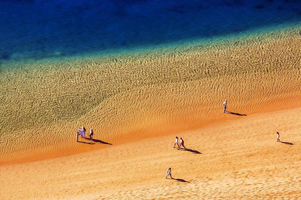 Strollers on the sandy beach Playa de Las Teresitas, view from above, illustration, San Andres, Santa Cruz de Tenerife, Tenerife, Spain, Europe