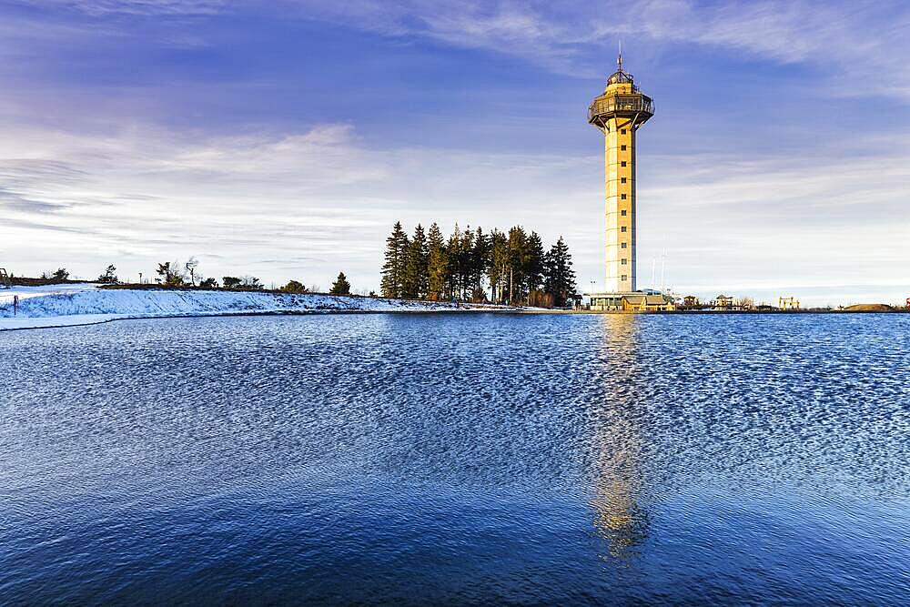 Ettelsberg lake with high heath tower, observation tower in winter, storage pond, Ettelsberg, Willingen, Upland, Rothaar Mountains, Sauerland, Hesse