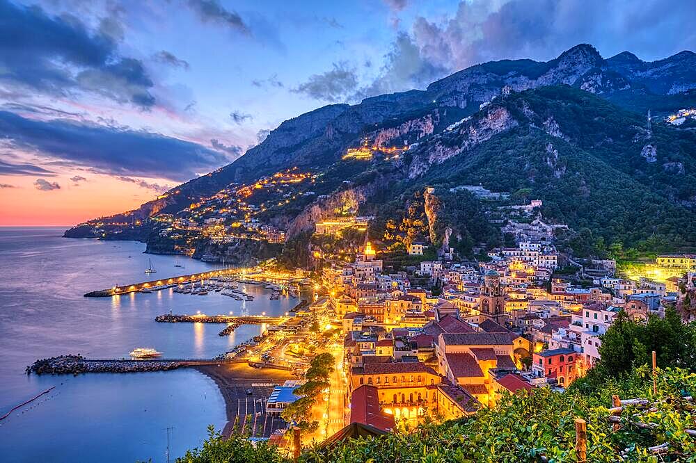 The pretty village of Amalfi in Italy at sunset