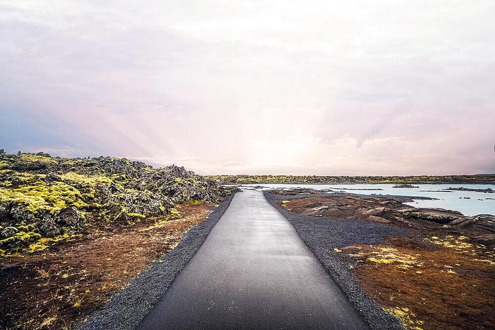 Asphalt trail at the Blue Lagoon in Iceland with lava cliffs in the sunset