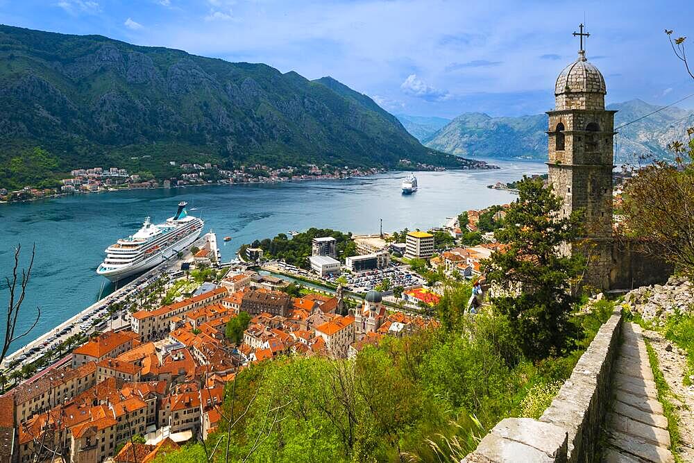 View over the roofs of the old town, Kotor, Bay of Kotor, Church of the Mother of God of Remedy, cruise ship, Montenegro, Europe