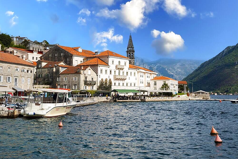 Harbour, old palaces, promenade, Perast, Bay of Kotor, Montenegro, Europe