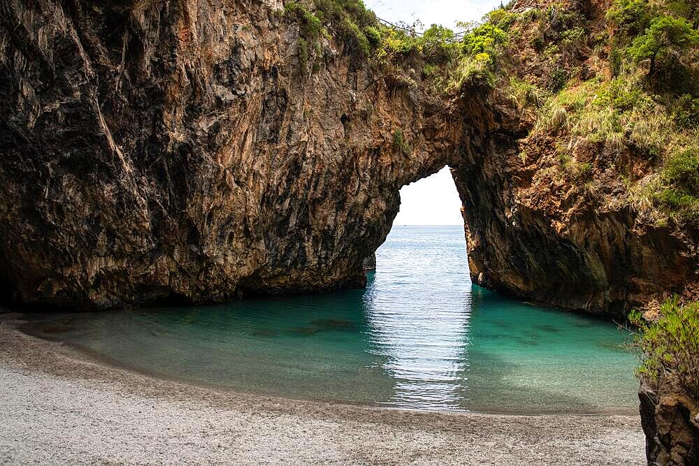 Beautiful hidden beach. The Saraceno Grotto is located directly on the sea in Salerno, Campania, Salerno, Italy, Europe