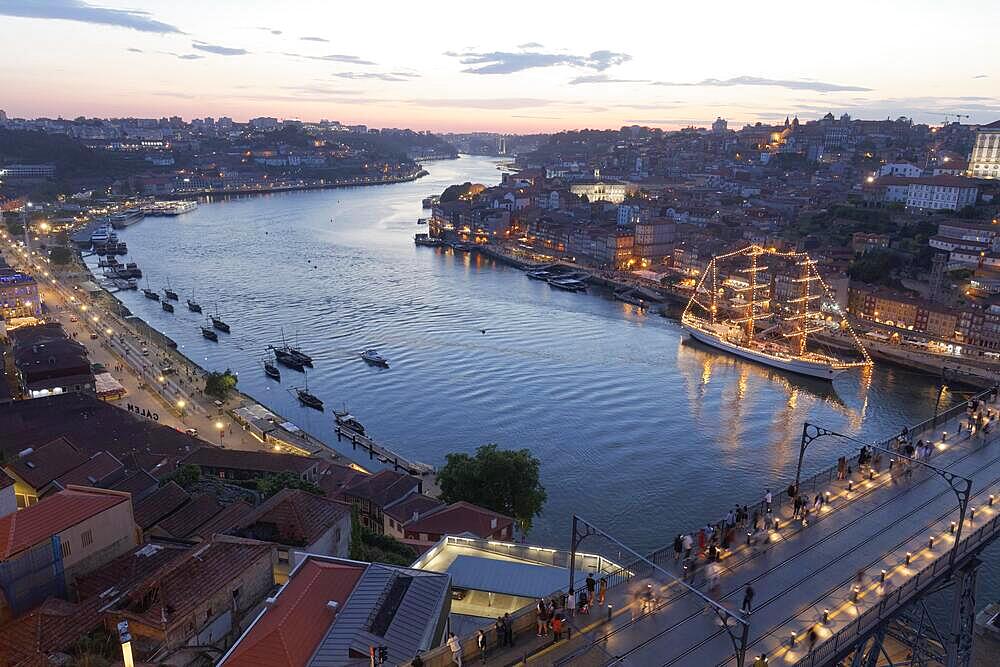 City view at dusk, Ponte D. Luis I and Douro River, view from Serra do Pilar, Porto, Portugal, Europe