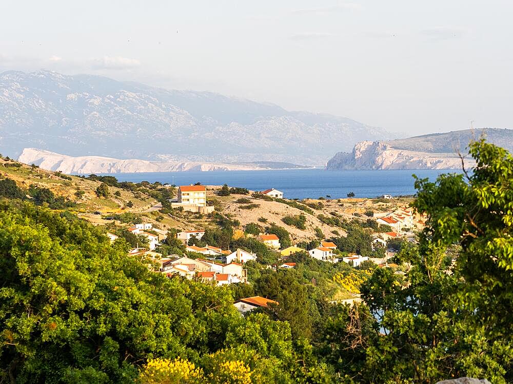 Evening mood at the sea, houses in the evening light, near Stara Baska, island Krk, Kvarner Gulf bay, Primorje-Gorski kotar, Croatia, Europe