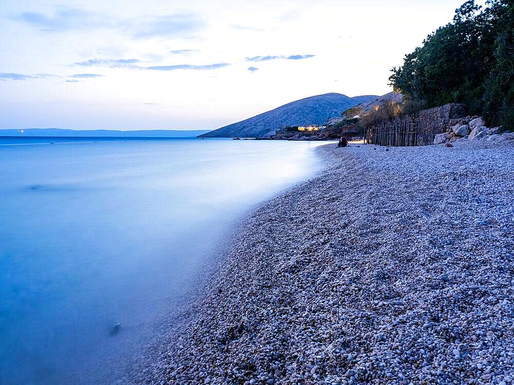 Pebble beach, campsite near Stara Baska, Island of Krk, Kvarner Gulf Bay, Croatia, Europe